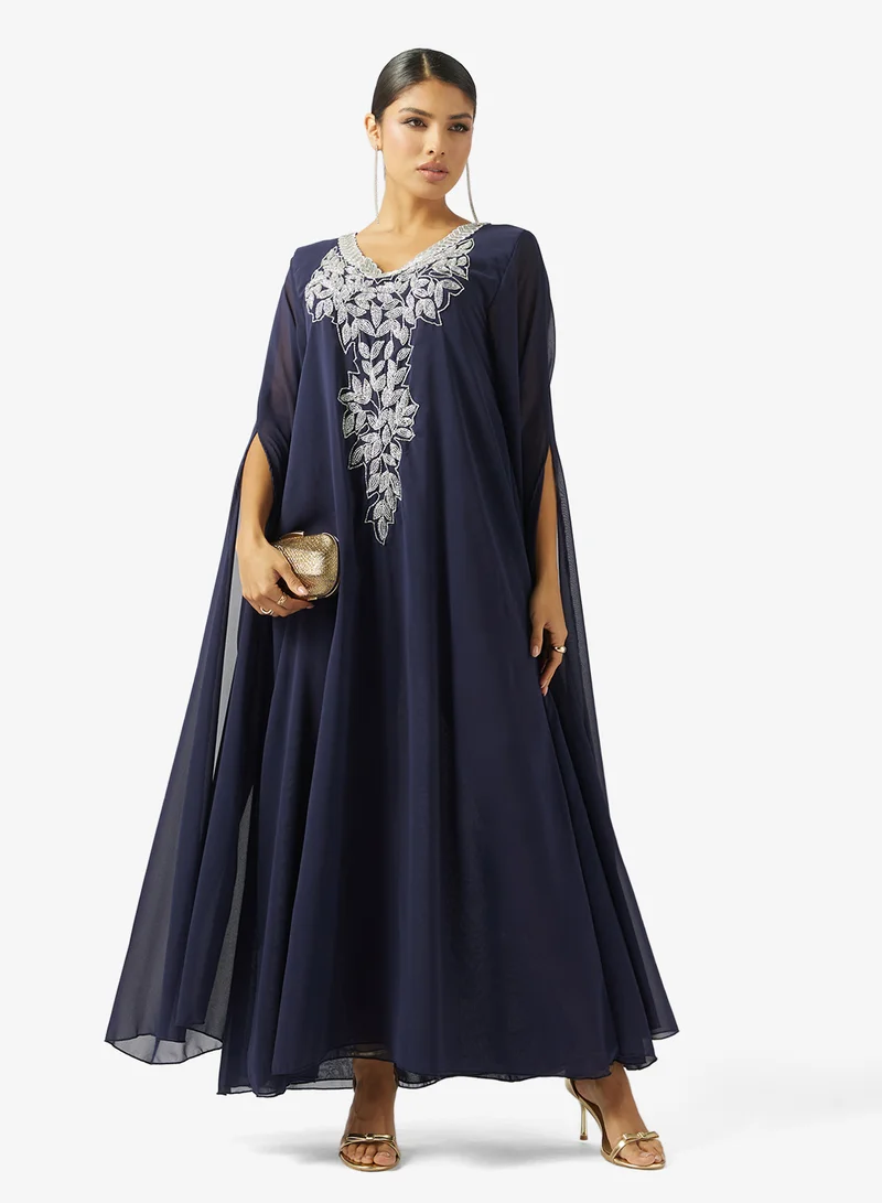 hayas closet V-Neck Embroidered Neck Cape Sleeve Dress